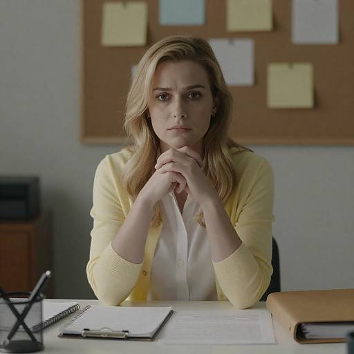 Serious Blonde Woman at Cluttered Desk