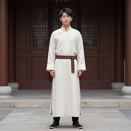 Photograph of an Asian man in traditional white Korean hanbok with a brown belt, black shoes, standing in front of a dark wooden building entrance