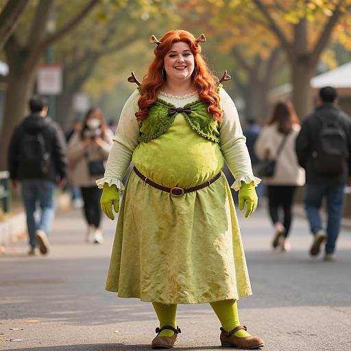 Plus-Sized Woman in Fiona Shrek Costume Outdoors