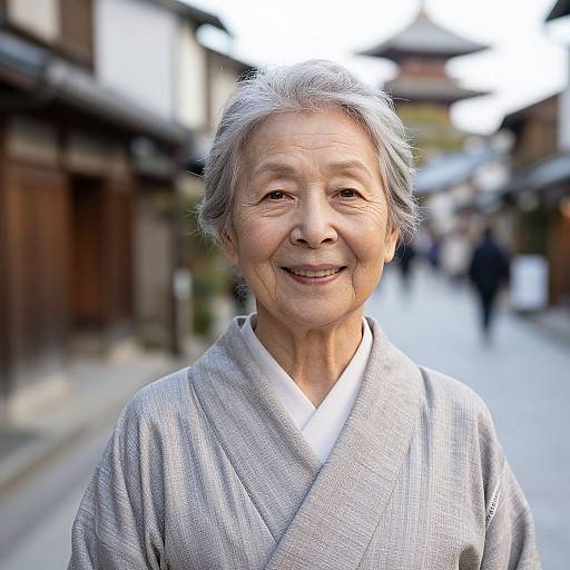 Photograph of an elderly Asian woman with short gray hair, smiling, wearing a light gray kimono, standing in a traditional Japanese street with blurred buildings