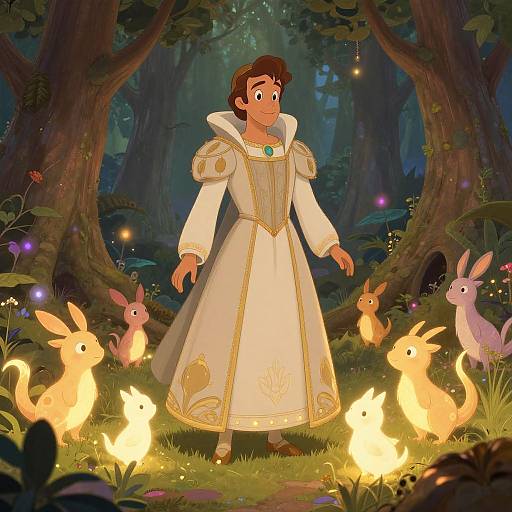 Animated forest scene: A young man in an ornate white and gold robe stands amid glowing, rabbit-like creatures surrounded by fireflies and lush trees.
