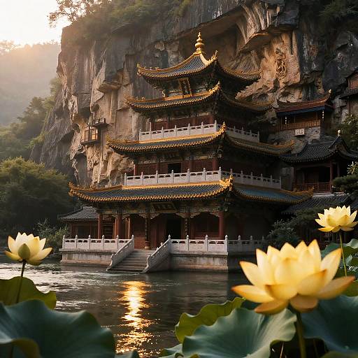 Cliffside Pagoda at Dawn with Lotus
