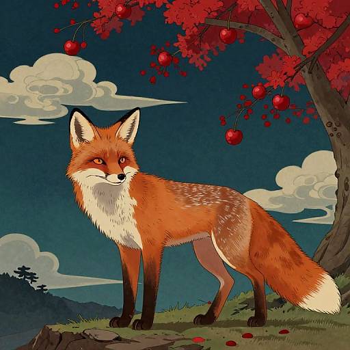 Fox in Cherry with Japanese Skies