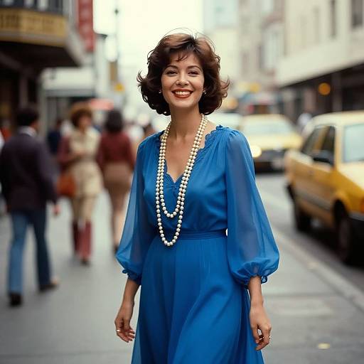 Photograph of a smiling middle-aged woman with short brown hair, wearing a blue chiffon dress and long pearl necklace, standing on a busy city street