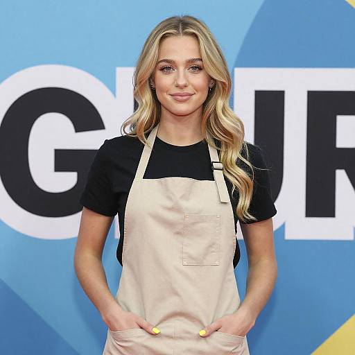 Photograph of a blonde woman with wavy hair, wearing a black shirt and beige apron, standing against a blue background with large white and black