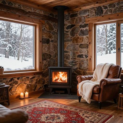 Cozy stone-walled living room with a burning wood stove, brown leather armchair, white throw, red patterned rug, and snow-covered winter