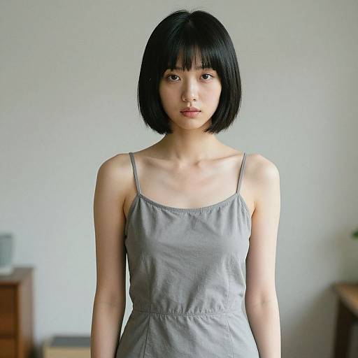 Photograph of an Asian woman with a straight black bob, wearing a gray spaghetti-strap dress, standing in a minimalist room.
