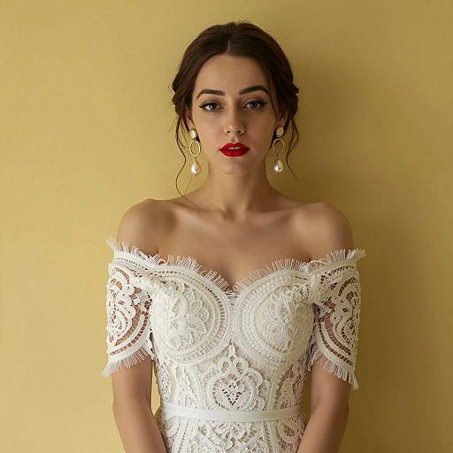 Woman in White Lace Dress with Pearl Earrings