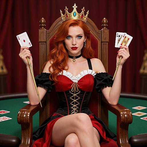 Photorealistic digital art of a red-haired queen with crown, black and red corset dress, holding cards and a cane, seated on a wooden