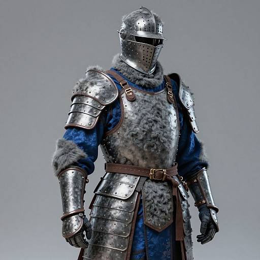 Photograph of a medieval knight in full silver armor, fur-lined blue tunic, and helmet with visor, standing against a gray background.