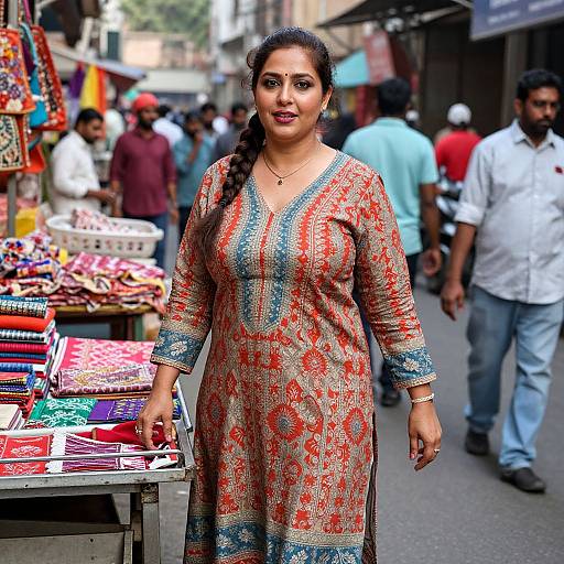 Photograph of a plus-sized South Asian woman with dark hair in a braid, wearing a colorful patterned salwar kameez, standing in