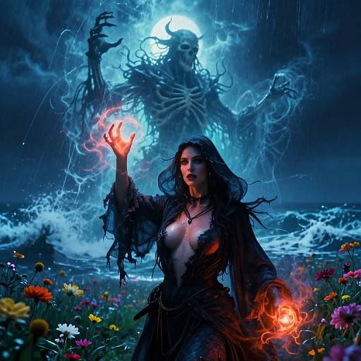 Digital artwork of a dark-haired woman in a tattered dress, glowing red orbs in hands, facing a skeletal, ghostly figure under a moonlit