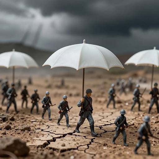 Photograph of miniature soldiers in dark uniforms holding white umbrellas marching across a cracked, barren desert under a stormy sky.