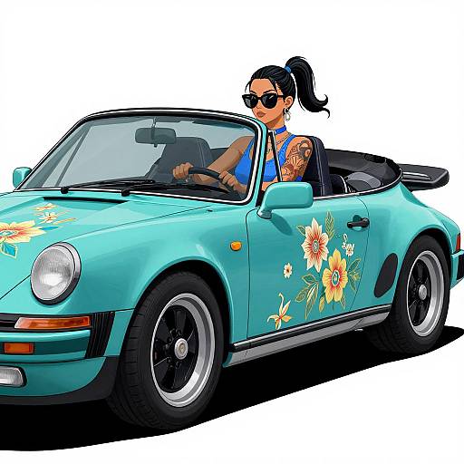 Digital illustration of a tattooed woman with black hair in a ponytail, wearing sunglasses and a blue tank top, driving a turquoise convertible with floral decals