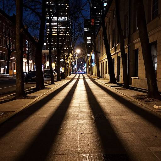 Nighttime city street photograph with long, dramatic streetlight shadows, illuminated buildings, and darkened trees lining both sides of the sidewalk.