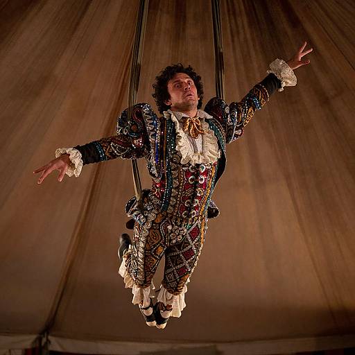 Photograph of a male aerialist with curly hair, wearing ornate, multicolored, sequined costume, suspended mid-air against a draped,