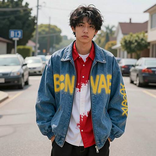 Young man in oversized graffiti jacket on suburban street