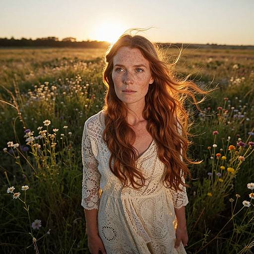 Photograph of a red-haired woman with freckles, wearing a white lace dress, standing in a sunlit meadow at sunset.