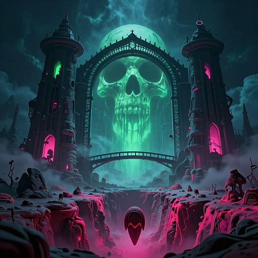 Digital artwork of a gothic, neon-lit skull-archway castle with glowing green and pink lights, set in a dark, misty,