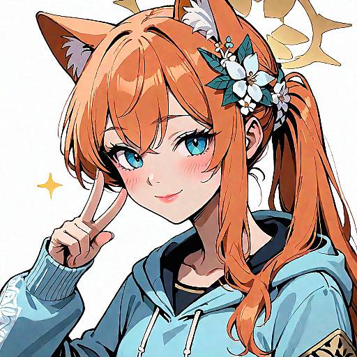 Anime Girl with Orange Hair and Animal Ears