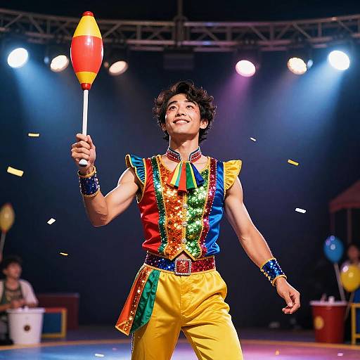 Photograph of a joyful male circus performer with curly hair, wearing vibrant, multicolored costume with yellow pants, holding a red-yellow juggling prop