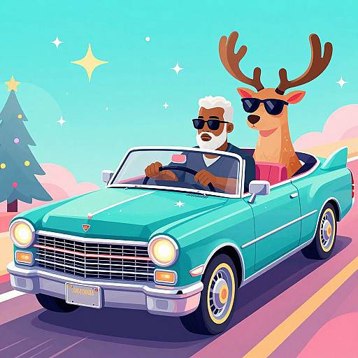 Digital cartoon of a man with sunglasses and a reindeer with sunglasses driving a turquoise vintage convertible car on a sunny road. Christmas tree in background.