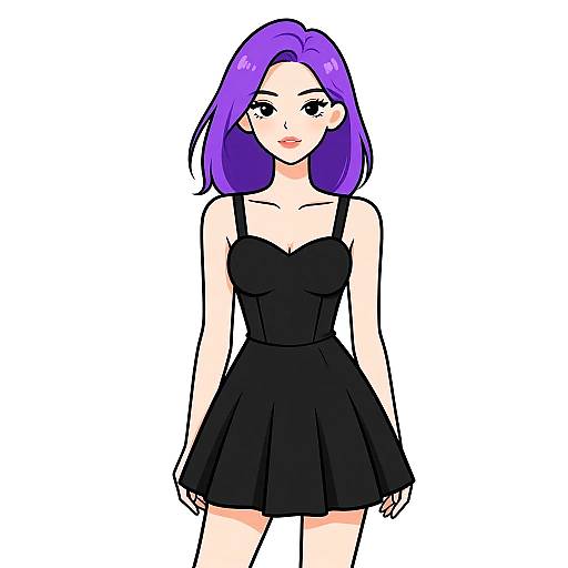 Digital anime-style drawing of a young woman with purple hair, wearing a black, strapless, short dress, standing against a white background.