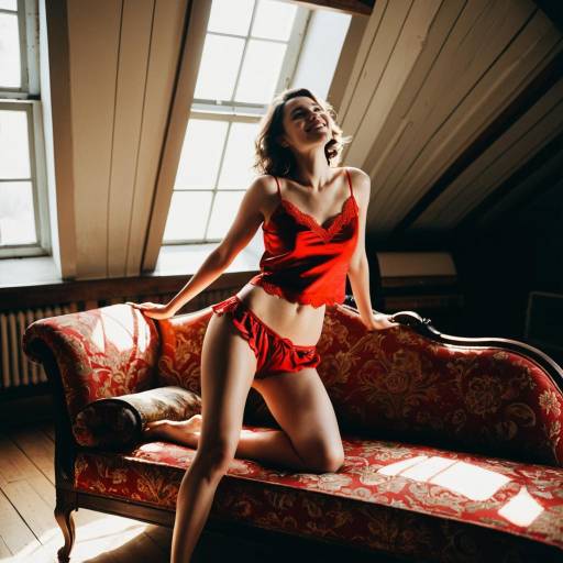 Woman in Red Silk Lingerie on Vintage Chaise Lounge