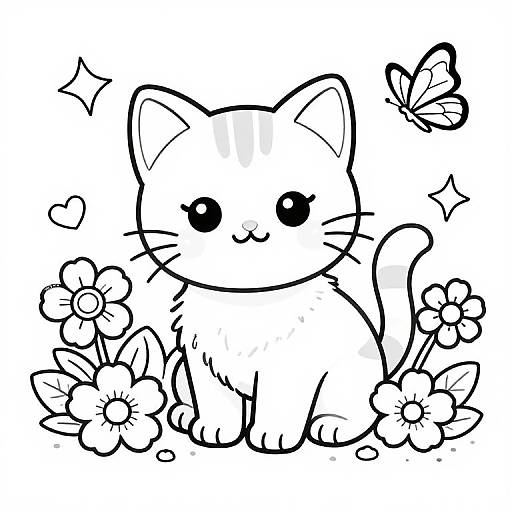 Cute Kitten Floral Coloring Page