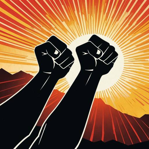 Stylized Illustration of Confidence with Clenched Fists and Sunrise