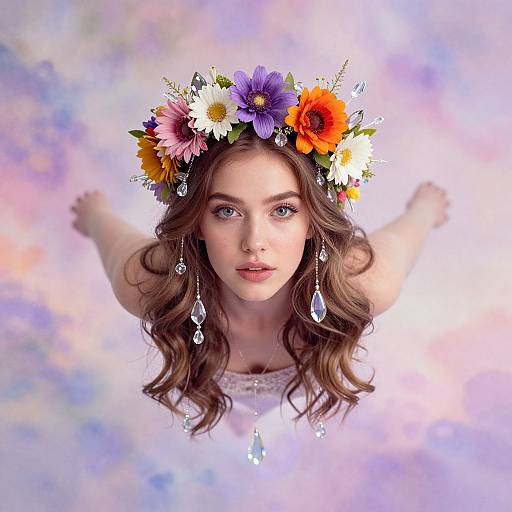 Photograph of a young woman with long brown hair, blue eyes, wearing a colorful flower crown and dangling earrings, floating against a pastel, cloud