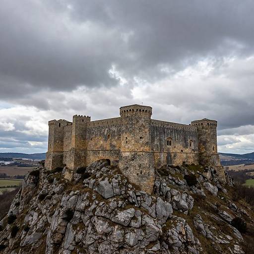 Photograph of a medieval stone castle with four round towers, perched on a rocky hilltop under a cloudy, dramatic sky.