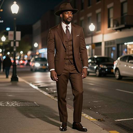 Stylish African American Man in Brown Three-Piece Suit at Night
