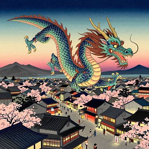 Digital anime-style illustration: A vibrant, blue-scaled dragon with red mane and yellow horns hovers over a traditional Japanese village at sunset, surrounded by