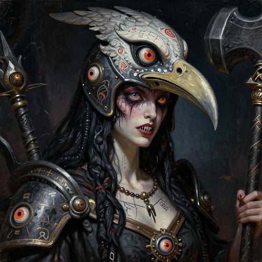 Digital fantasy artwork: Pale-skinned woman with red eyes, black hair, and bird-like metallic helmet, holding a large, ornate axe. Dark
