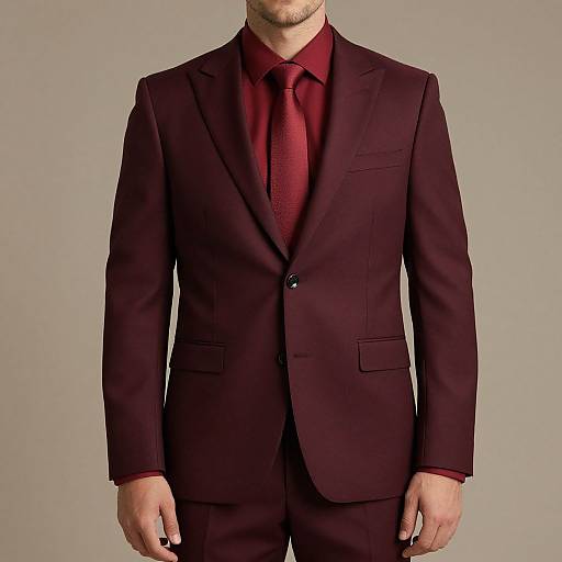 Photograph of a man in a dark maroon suit, matching maroon shirt, and maroon tie, standing against a plain gray background.