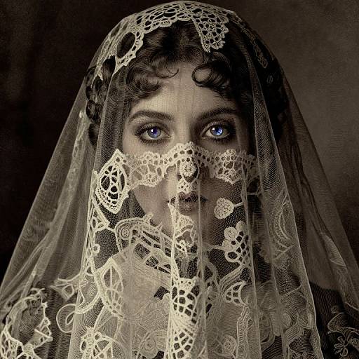Photograph of a woman with striking blue eyes, wearing a delicate, white lace veil that partially covers her face, against a dark, textured background.