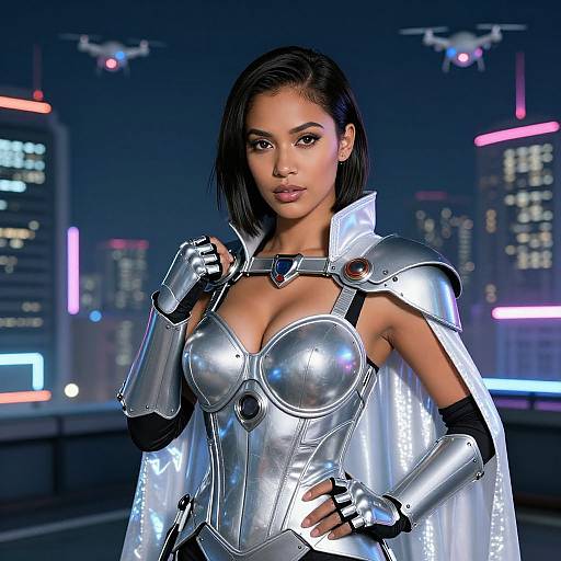 CGI image of a confident, dark-haired woman in shiny silver armor and cape, standing in a neon-lit futuristic cityscape.