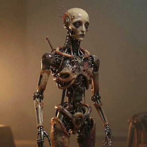 Photograph of a detailed, metallic, humanoid robot with intricate wiring and joints, standing in a dimly lit room with a warm, orange glow.