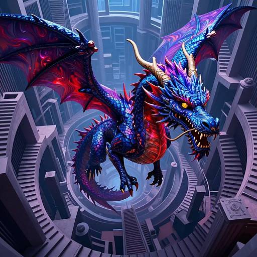 Digital artwork of a vibrant, blue and red dragon with glowing yellow eyes, sharp teeth, and large wings, flying through a futuristic, metallic cityscape