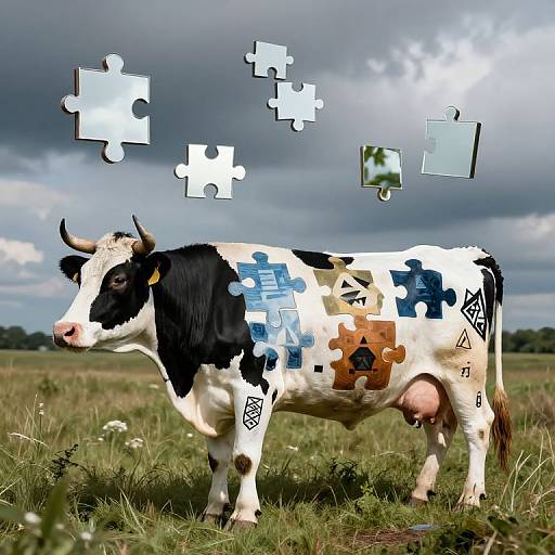 Photograph of black-and-white cow in grassy field with puzzle pieces floating above, against cloudy sky; cow has digital symbols on its body.