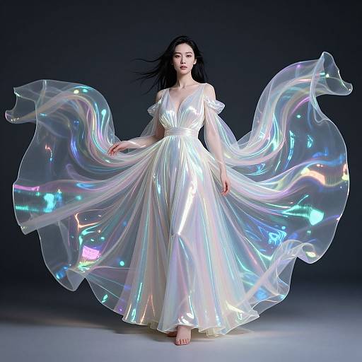 Photograph of a fair-skinned woman with long black hair, wearing a shimmering, iridescent white dress with flowing, translucent sleeves against a
