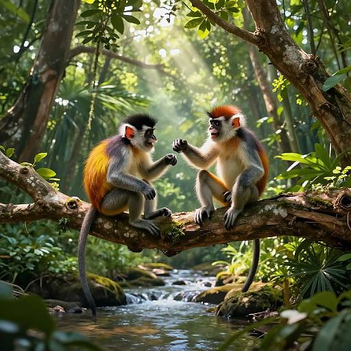 Photograph of two vibrant, orange-and-white monkeys sitting on a tree branch in a lush, sunlit jungle, interacting by a flowing stream.
