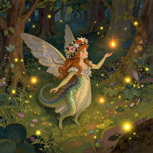 Digital fantasy artwork of a fairy with red hair, flower crown, iridescent wings, and mermaid-like scales, surrounded by glowing fireflies in