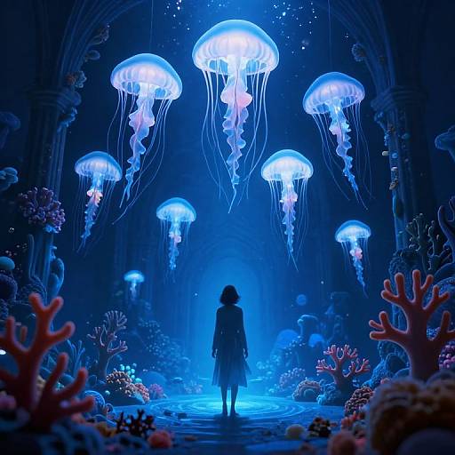 Digital art of a child in a blue dress standing in an underwater cave surrounded by glowing jellyfish and colorful coral.