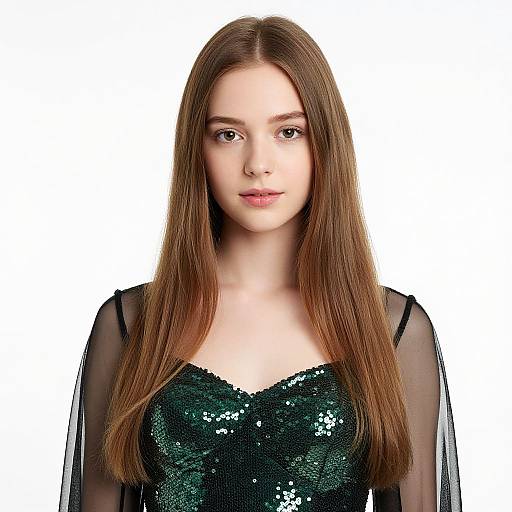 Photograph of a young, fair-skinned woman with long, straight brown hair, wearing a green sequined dress with black sheer sleeves, against a