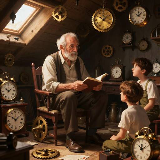 Clockmaker Mentoring Young Apprentices in Attic