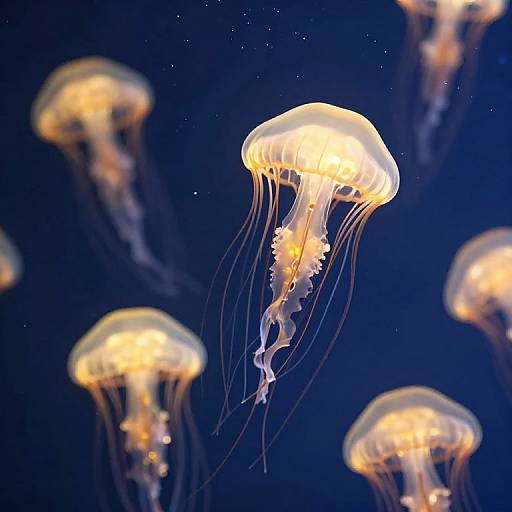 Photograph of glowing, golden jellyfish with translucent, flowing tentacles against a dark blue underwater background, creating an ethereal, floating scene.