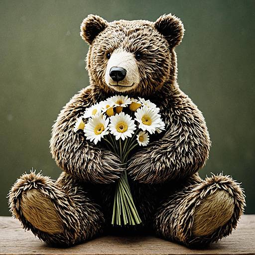 Gentle Bear Holding a Floral Bouquet