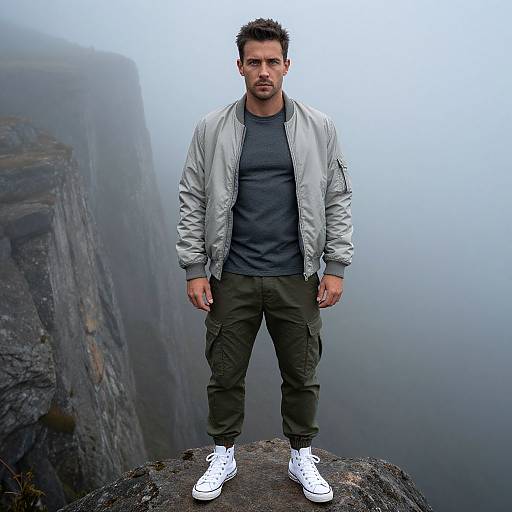 Photograph of a muscular man with short dark hair, wearing a silver jacket, gray shirt, olive pants, and white sneakers, standing on a fog